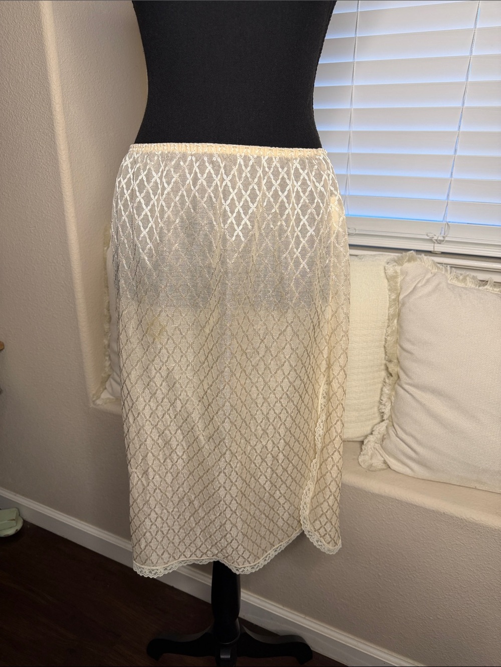 Vintage 80s Undercover Wear Sheer Lace Half Slip Champagne Lingerie Side Slit